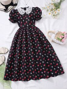 SHEIN Vestido floral digital de niña preadolescente, base blanca, decoración de flores en el cuello, mangas abultadas, elegante para vacaciones de verano - Negro - Ver 4