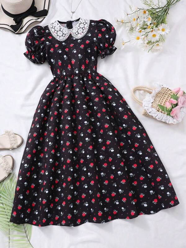 SHEIN Tween Girl Digital Ditsy Floral Dress, White Base, Collar Flower Decor, Puff Sleeves, Elegant For Summer Vacation