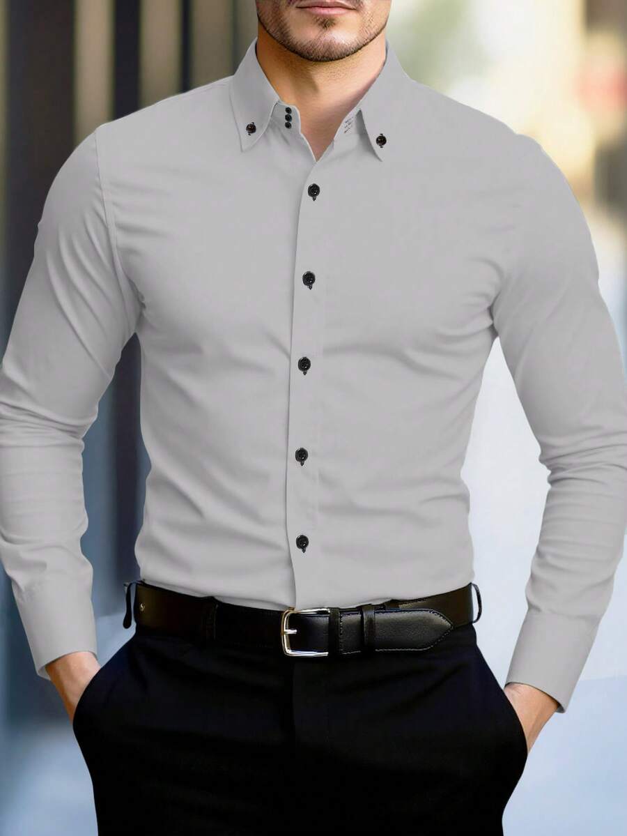 Manfinity Mode 男士休闲纯色纽扣长袖衬衫，秋季男士修身衬衫，灰色男士衬衫，浅灰色衬衫，商务休闲衬衫，灰色男士衬衫，商务休闲男士衬衫 - 淺灰色 - 查看 1