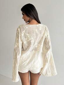 Aloruh 女士性感深V领提花喇叭袖衬衫，杏色 - 杏色 - 查看 2