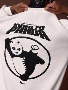 SHEIN Kung Fu Panda Men's Letter & Cartoon Graphic Crew Neck Long Sleeve Pullover Sweatshirt - White - View 2