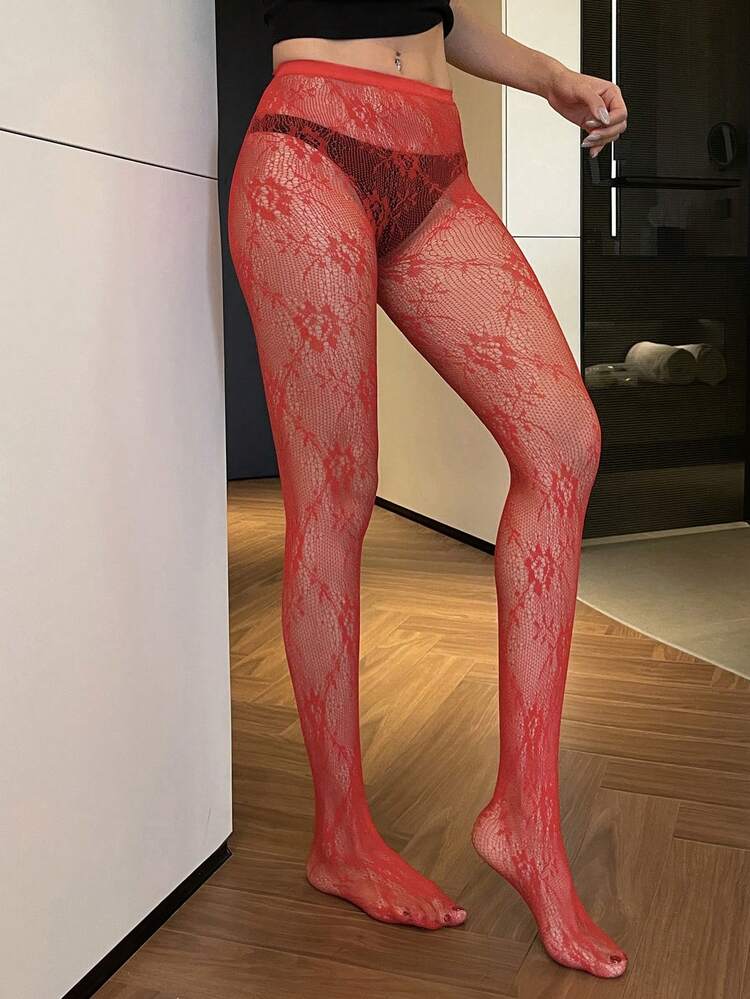 Women's Sexy Red Lace Sheer Leggings Y2k