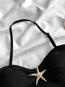 SHEIN Tween Girl Casual Vacation Black 1pc Detachable Strap Hollow Starfish Accent Ruched One-Piece Swimsuit, Summer Beach