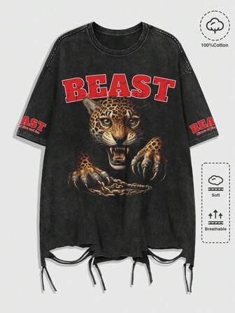 Goth Camiseta de manga corta con cuello redondo para hombre, con estampado de leopardo y efecto desgastado con copos de nieve de moda