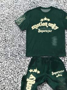 Bộ đồ thể thao tối giản phong cách Y2K Hip Hop dành cho bé trai tuổi teen, gồm áo thun ngắn tay cổ tròn dáng rộng in chữ tiếng Anh và quần ống loe. - Nhiều màu - Xem 3