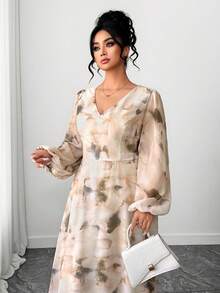 Elenzga 大码女式雪纺扎染印花V领长袖连衣裙，优雅适合约会和外出穿着 - 杏色 - 查看 6