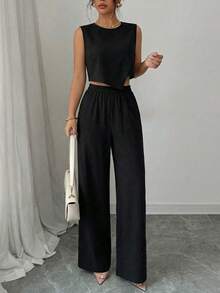 2 piezas Conjunto de top playera asimetrica sin mangas camisa unicolor y pantalon de pierna ancha, pantalon largo de mujer, verano, tela fresca, suave, casual, moda minimalista - negro - Ver 3