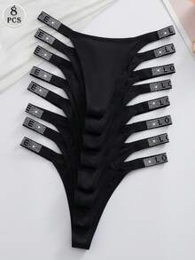 SHEIN 8件套奢华水钻装饰女士舒适丁字裤套装 - 黑色 - 查看 4