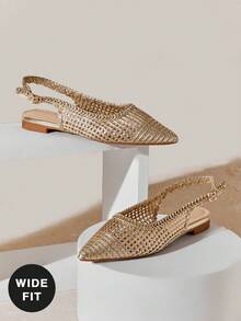 SHUZIA 女式宽版时尚编织尖头露跟平底鞋 - 金色 - 查看 7