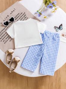 SHEIN Bộ đồ 2 món cho bé gái sơ sinh/trẻ nhỏ 0-3 tuổi, gồm áo thun kẻ sọc dễ thương có nơ và quần kẻ sọc, màu xanh Morandee, thích hợp cho mùa xuân/hè. - Màu xanh lam - Xem 2