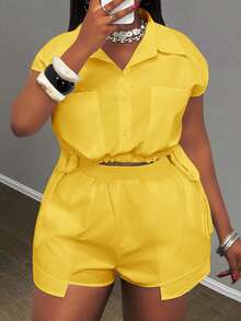 Slaydiva Bộ đồ mặc nhà đa năng, thoải mái hàng ngày, thanh lịch dành cho nữ cỡ lớn, gồm áo croptop không tay và quần short màu trơn. - Màu vàng - Xem 10