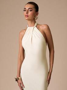 SHEIN BAE Vestido Bodycon Fishtail Decotado Cor de Damasco para Mulheres, Vestido Elegante Cor de Damasco Adequado para Coquetel, Encontro Romântico, Reunião, Evento Formal, Vestido de Dama de Honra, Vestido de Verão, Chá da Tarde, Natal, Ano Novo, Dia dos Namorados - Damasco - Visão 7