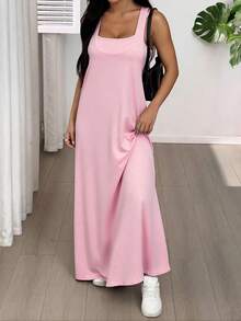 SHEIN EZwear 女士不对称领口无袖休闲连衣裙，夏季连衣裙，内置胸罩，浅粉色 - 淺粉色 - 查看 5