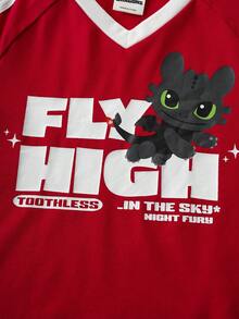 SHEIN How to Train Your Dragon Tween Girl V-Neck Letter & Cartoon Pattern Short Sleeve T-Shirt - Red - View 4