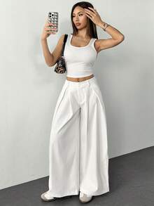 SHEIN PETITE 女士夏季复古休闲街头风外出宽松军绿色弧形裤脚长裤白色阔腿裤 - 白色 - 查看 6