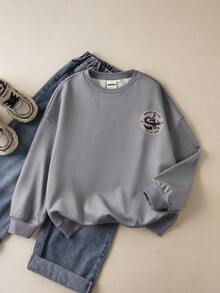 SHEIN How to Train Your Dragon Tween Boy Casual Letter & Dragon Print Crew Neck Sweatshirt, Autumn - رمادي - مشاهدة 2