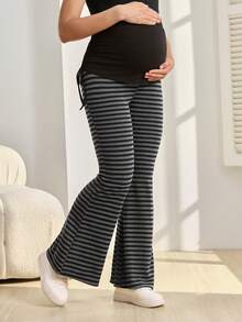 SHEIN Maternity Striped Print Casual Pants - Dark Grey - View 4