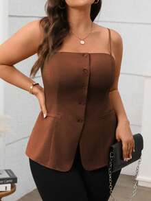 Vionelle 女士优雅法式风格前开衩纽扣吊带背心，适合通勤、下午茶、派对等场合。 - 鏽棕色 - 查看 4