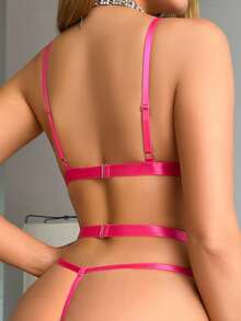 Classic Sexy Women's Hollow Out Design Spaghetti Strap French Lace Bodysuit Lingerie - Watermelon Pink - View 1