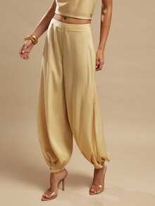 SHEIN BAE Quần satin nữ, quần ống rộng màu vàng gừng thanh lịch, thích hợp cho các buổi đi chơi, ăn trưa, mùa hè, đám cưới, kỳ nghỉ, đi biển. - Màu vàng - Xem 5