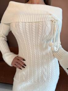 Manon Tanti Off Shoulder Fuzzy Ball Pendant Decor Women Himekaji Sweater Party Dress For New Year, Valentine's Day - Beige - View 3