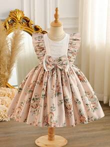 Glamorique Kids Young Girl Floral Print Color Block Ruffle Armhole Bow Tie Waist Flared Hem Party Dress Girl Floral Dress Bows Dress Apricot Dress For Girl Elegant Flower Girl Dress Princess Dress For Girl - Pink - View 4