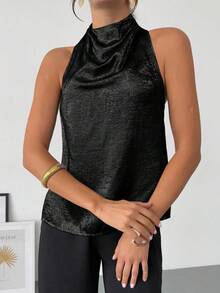 Firerie Women's Elegant Sexy Delicate Romantic Party Daily Commute New Metallic Coated Backless Halter Champagne Color Blouse - Black - View 8