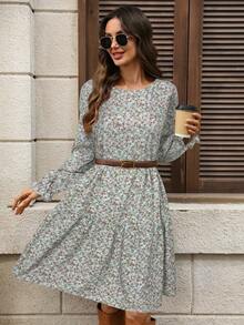 EMERY ROSE 女士休闲碎花圆领中长连衣裙，秋季 - 綠色 - 查看 6