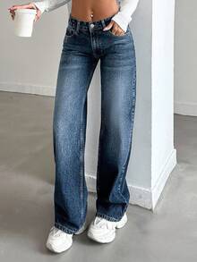 SHEIN Tall Women's Pocket Straight Loose Casual Versatile Jeans - Dark Wash - View 7