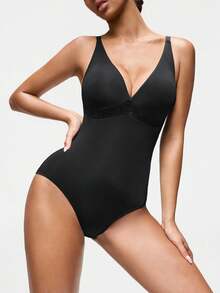 SHAPORA 1pc Women's Black Lace Patchwork Shapewear Bodysuit - Black - View 5