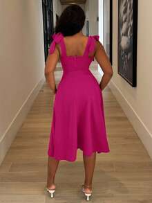 Alexandranx 无袖系带蝴蝶结装饰腰部A字型优雅浪漫女士连衣裙 - 玫紅色 - 查看 2