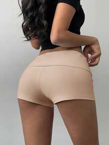 SHEIN BASICS Women's Casual Solid Color Knit Low Waist Fitted Sports Shorts/Summer - Khaki - View 2