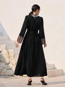 Al Najma Women's Bohemian Vacation Style Patchwork Geometric Print Sequin Decor Flare Sleeve Cinched Waist Arabic Traditional Long Dress Kaftan Jalabiya Dress  Arabic-Style Long Kaftan Robe, Arabic Women's Dress, Turkish Dress, Abaya Robe, Traditional Women's Dress Arabic Style Long Dress Kaftan Jalabiya Dress Arabic Dress For Women Turkish Dress Abaya Dress Abaya For Women - Black - View 2