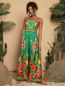 Travachic 女式梭织印花宽松阔腿连体裤 - 綠色 - 查看 6