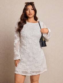 Elaquor 大码优雅纯色3D立体花卉中长连衣裙，适合通勤。 - 白色 - 查看 3