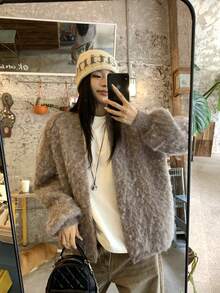 DAZY Women's Solid Color Long Sleeve Casual Loose Knit Cardigan, Autumn/Winter - Brown - View 2