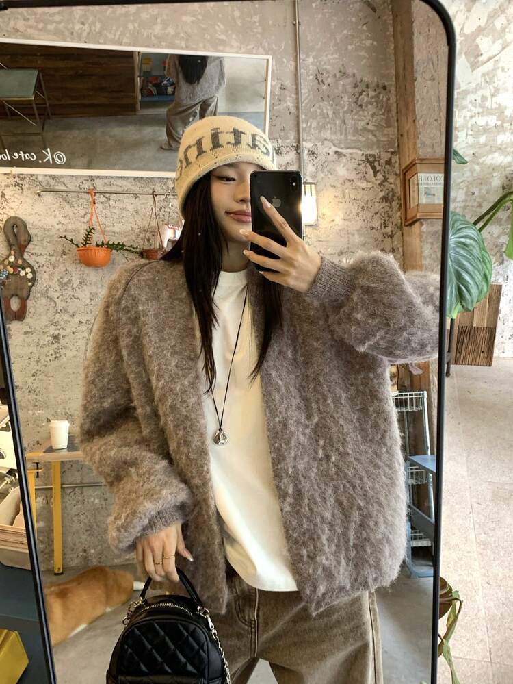 Women's Solid Color Long Sleeve Casual Loose Knit Cardigan, Autumn/Winter