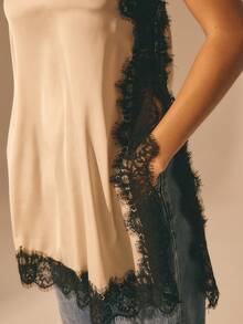 Aralina Áo hai dây dài bằng satin viền ren tương phản, Áo hai dây bằng satin và ren tương phản, Áo hai dây bằng lụa, Áo hai dây viền ren, Áo hai dây màu kem, Áo dễ thương, thanh lịch để đi chơi cho nữ, Áo ngày Valentine cho nữ, Áo mùa hè, Áo kiểu chia phần - Màu be - Xem 6