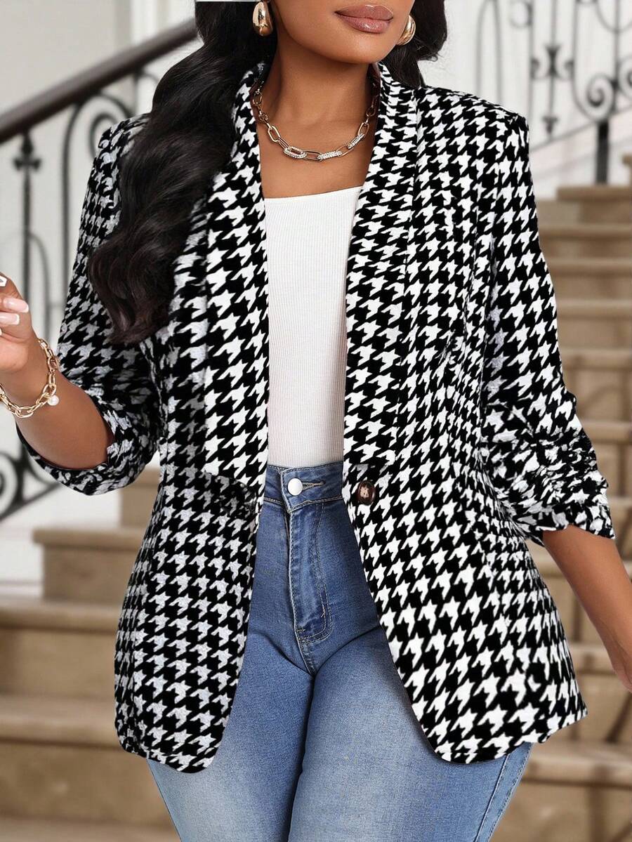 Fleurora Áo khoác blazer nữ cỡ lớn họa tiết răng cưa, cổ ve áo xếp ly, tay lửng 3/4, thanh lịch, áo khoác mùa đông nữ, áo blazer nữ thường ngày, áo khoác vest nữ, áo blazer đen trắng, áo blazer họa tiết răng cưa, áo blazer nữ cỡ lớn, áo khoác vải tweed nữ, áo blazer nữ. - Đen và trắng - Xem 1