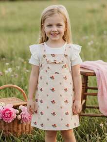 SHEIN 女童夏季休闲碎花连衣裙 女童/碎花连衣裙 女童夏季连衣裙 女童休闲印花连衣裙 女童/无袖连衣裙 女童复古风连衣裙 女童碎花图案连体连衣裙，带荷叶边口袋细节，适合休闲穿着 可爱碎花无袖贴袋连体连衣裙，完美日常穿搭 - 白色 - 查看 9