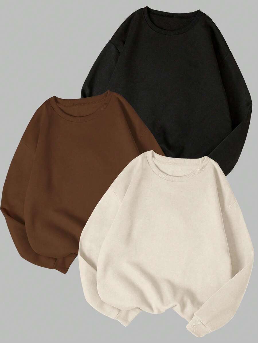 INAWLY 3件套女士户外/休闲/运动卫衣，杏色、咖啡色、黑色纯色，舒适，适合秋冬季穿着 - 彩色 - 查看 1