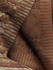 Anewsta Elegancki sweter damski w stylu vintage w dużym rozmiarze, luźny dzianinowy sweter z okrągłym dekoltem i metalicznym wzorem foliowym, lekki szary top - Kawowy brązowy - Zobacz 8