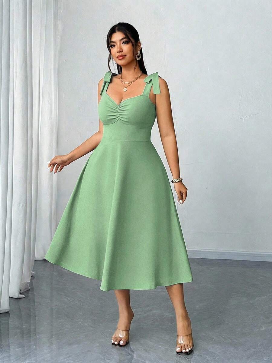 Elenzga Vestido de tirantes acampanado con drapeado elegante y romántico para mujer talla grande, color rojo, para primavera/otoño, Navidad