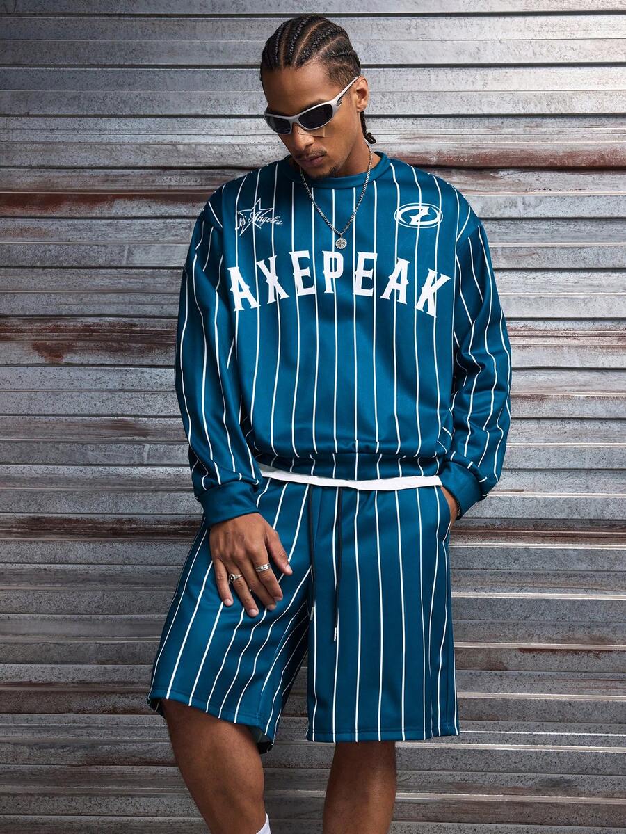 AXEPEAK Bộ đồ nam thường ngày phong cách đường phố, áo sweatshirt cổ tròn dáng rộng vai rớt và quần short cạp chun có dây rút, họa tiết chữ và sọc, bộ quần áo nam mùa xuân/hè/thu, bộ đồ nam màu xanh trắng, bộ 2 mảnh nam màu xanh trắng, bộ hai mảnh nam màu xanh dương, bộ 2 mảnh nam kẻ sọc. - Nhiều màu - Xem 1