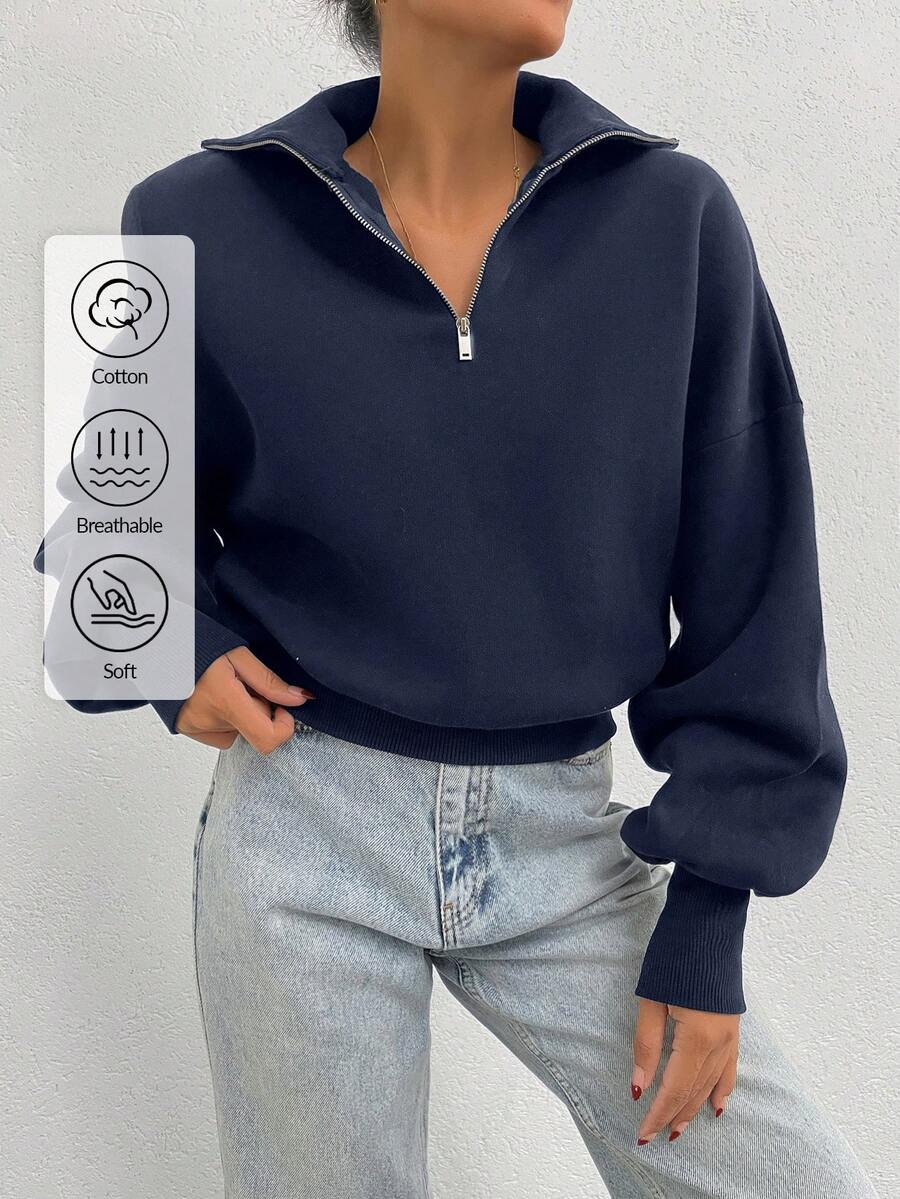 EURMUSE 100% Cotton Collar With Zipper Pattern Oversize Sweatshirt - Navy Blue - View 1