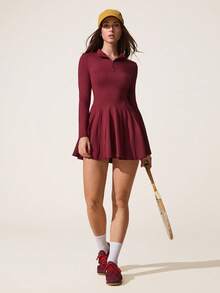 Core Rhythm 女士户外运动长袖半拉链高领A字连衣裙，女士运动短裤带手机口袋 - 酒紅色 - 查看 7