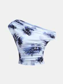 Teen Girls' Casual Floral Asymmetrical Shoulder Top - Dark Grey - View 5