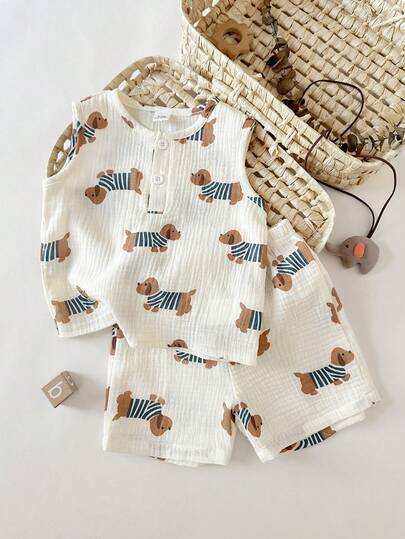 SHEIN Conjunto informal de chaleco y pantalones cortos con estampado de perro salchicha para bebé niño