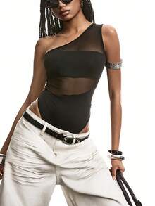 LYSMO Women Fashion Solid Color See-Through Asymmetrical Neck Bodysuit - Black - View 4