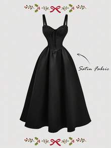 SHEIN MOD Đầm dự tiệc thanh lịch dành cho nữ, kiểu dáng tối giản, màu trơn, thắt eo, dáng xòe, dây mảnh. - màu đen - Xem 2